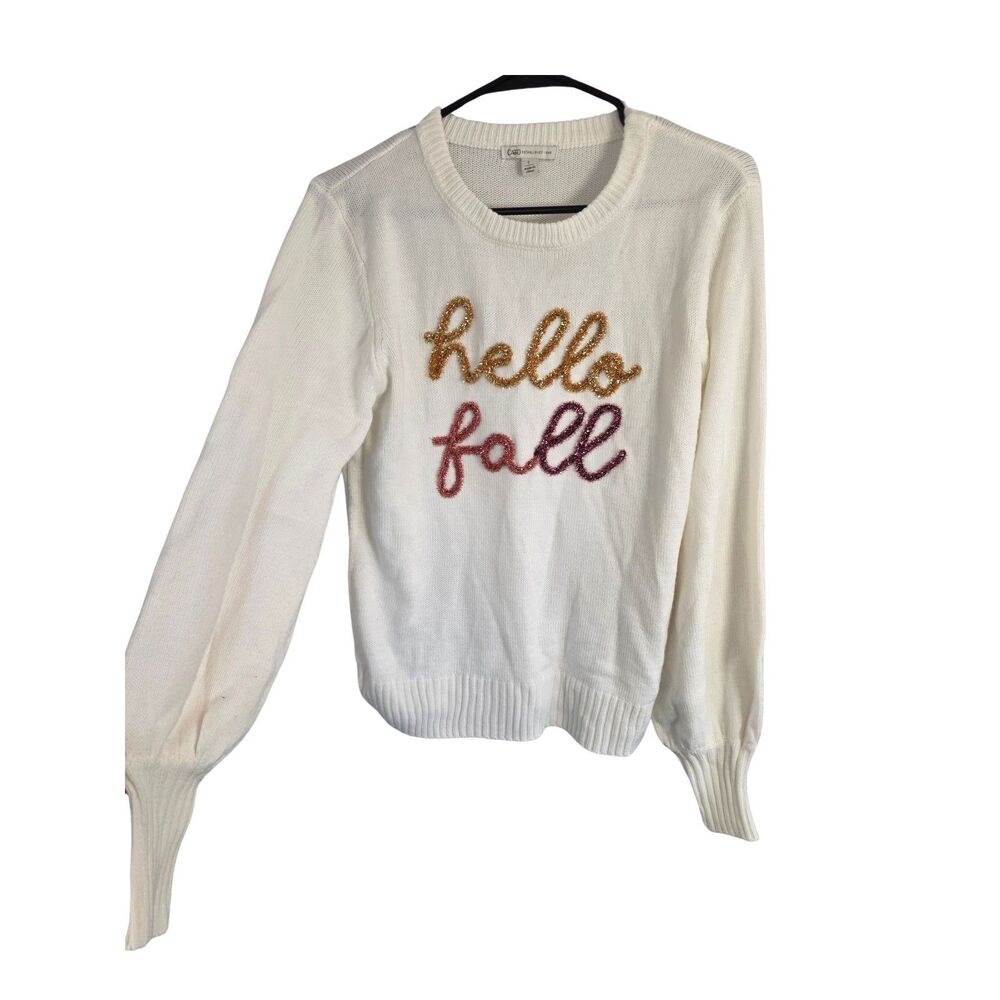 Cato Hello Fall Cream Knit Sweater Beaded Graphic Balloon Sleeve L